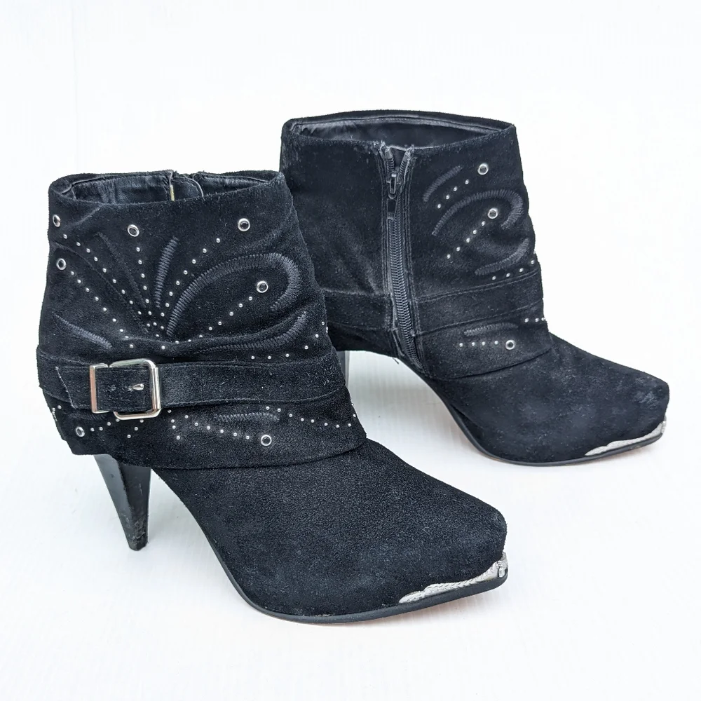 MIRANDA Miranda Lambart jeweled embroidered black suede heeled ankle booties